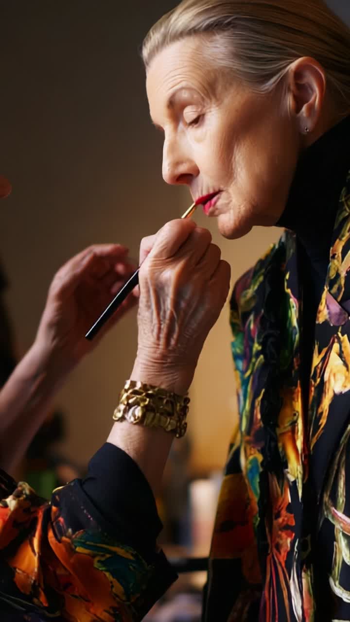 An Elegant Transformation: A Stunning Moment Captured in Two Frames Showing a Makeup Artist Applying Lipstick to a Model in a Vibrant Floral Jacket