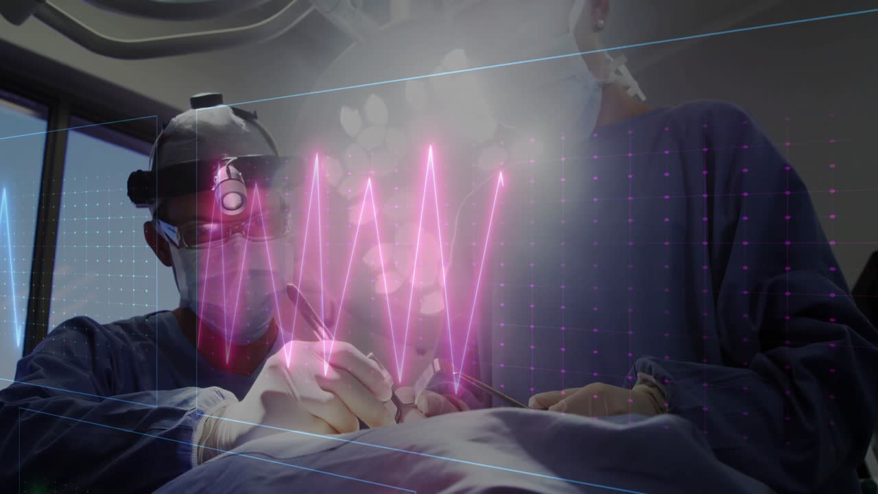Chirurgové pracují, srdeční signál stoupá, překryv AR EKG se mění na jasně modré vrcholy v popředí.