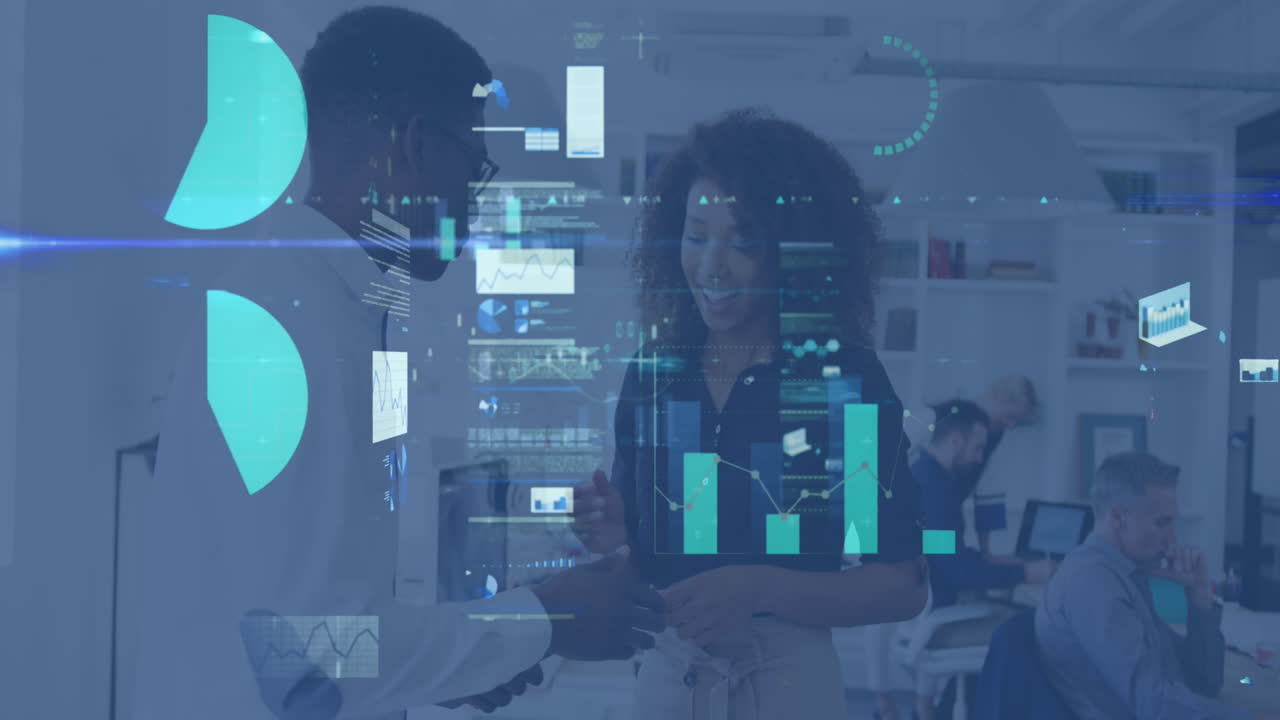 Animation of financial data processing over diverse business people working at office