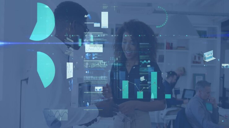 Animation of financial data processing over diverse business people working at office