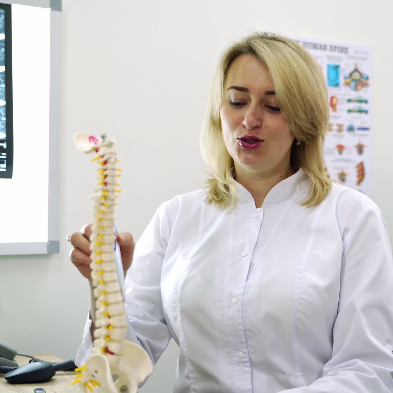 Positive smiling doctor-neurologist pointing at the model of skeleton. Professional explaining the reasons of back pain and other problems. Hospital cabinet backdrop