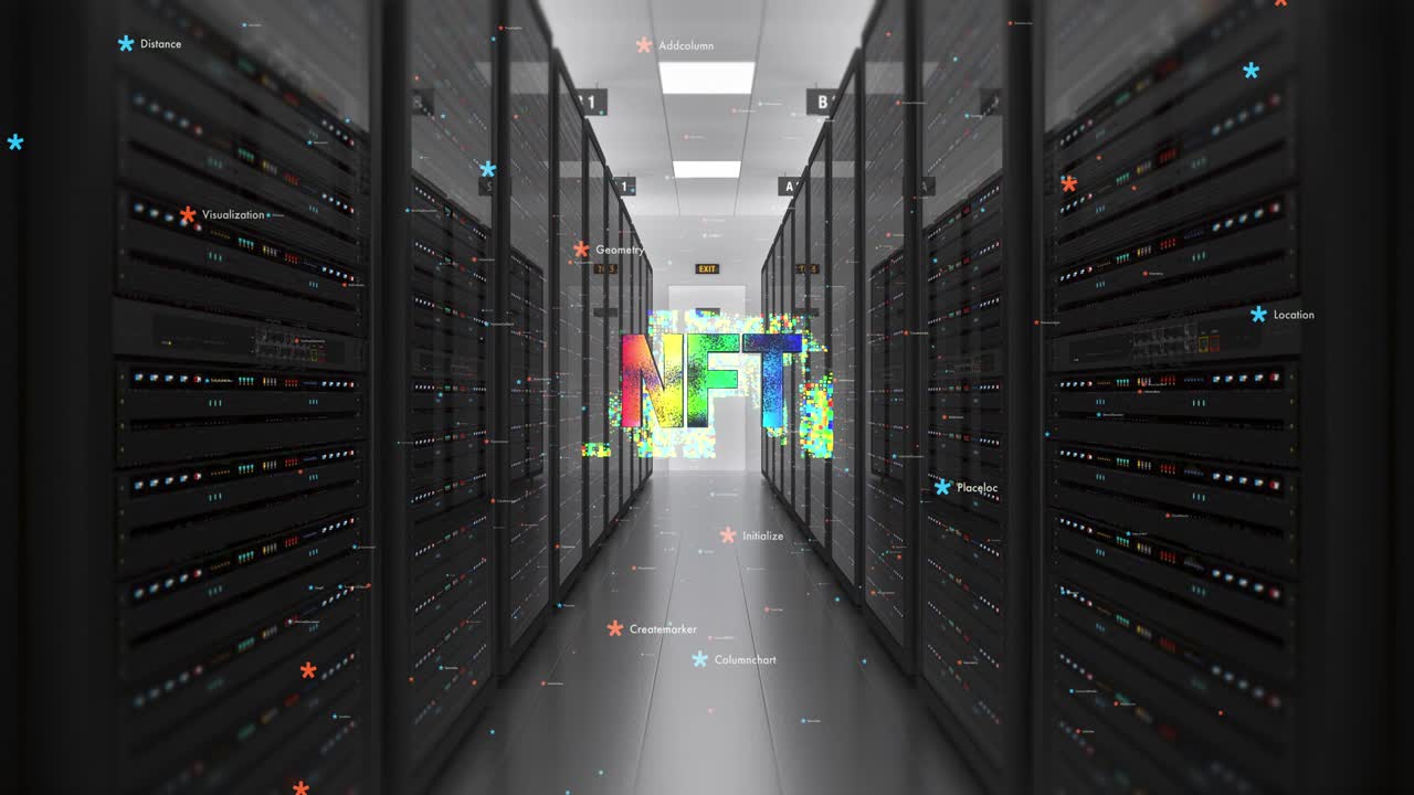 el colorido símbolo de nft en la sala del centro de datos moderno.