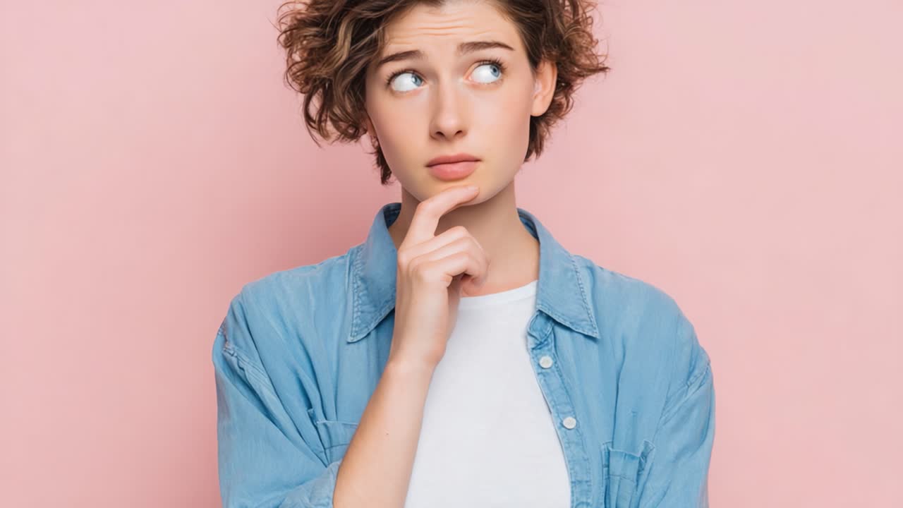 A Thoughtful Moment: A Young Woman Pondering Her Thoughts with an Inquisitive Expression Against a Soft Pink Background