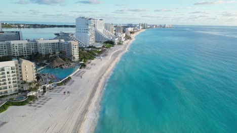 cancun’s beach resorts with a turquoise ocean and sunny sky, aerial view, playa delfines