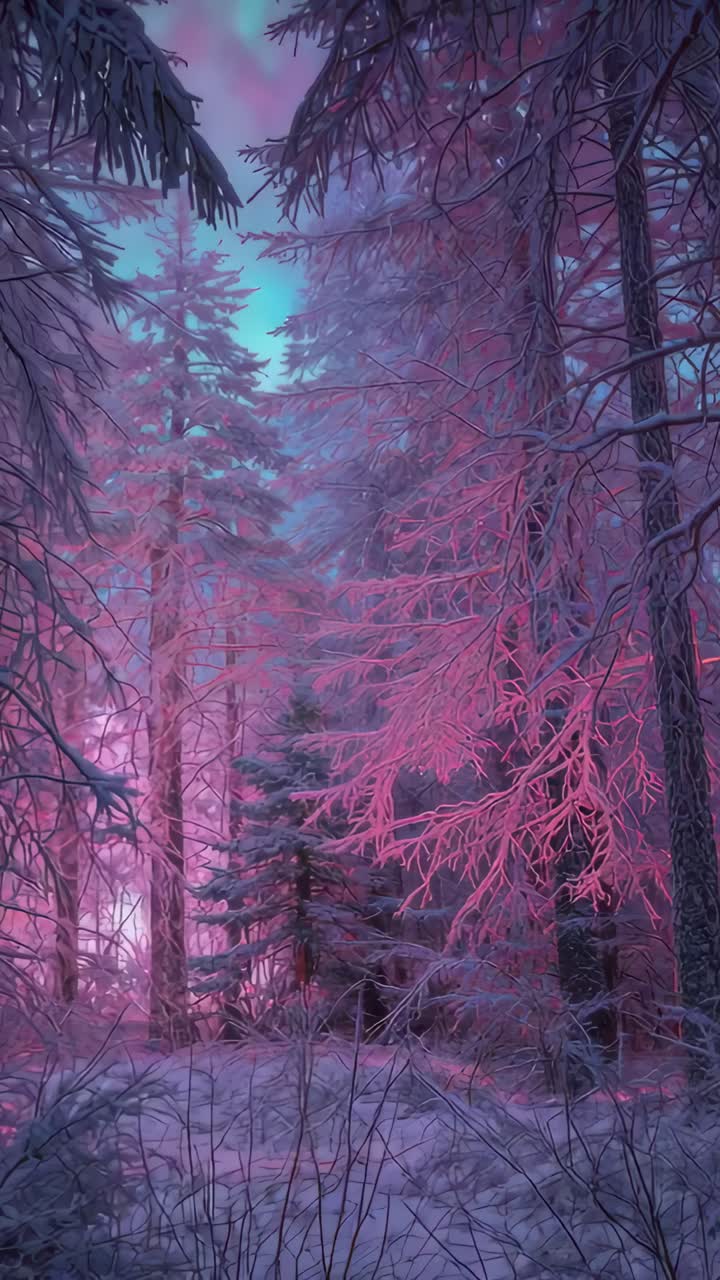 Vertical video: Panning camera emphasizing pines, twigs, snowbank in woods, pink-cyan sky