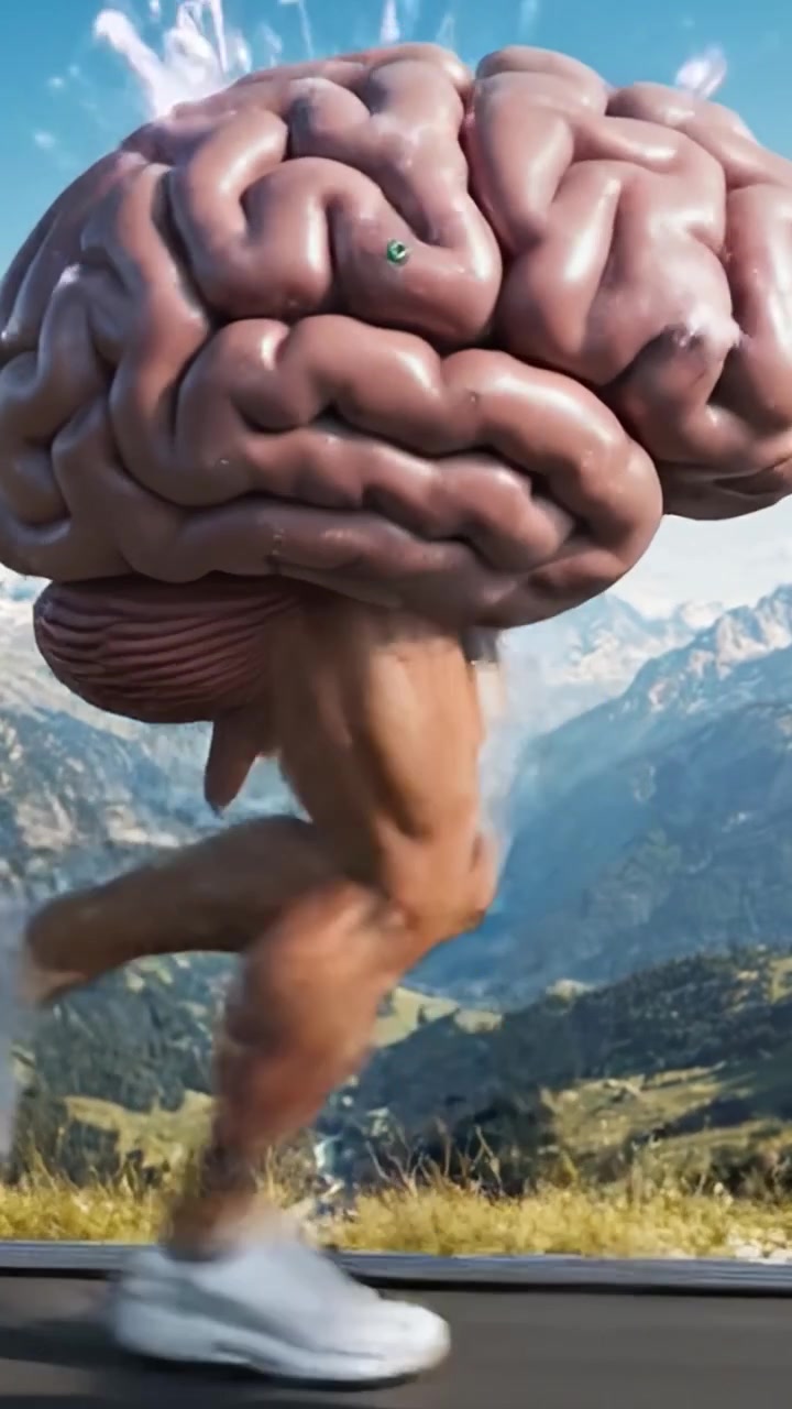 Una rappresentazione immaginativa di una persona che corre su un tapis roulant mentre trasporta un cervello sovradimensionato, simboleggiando il tema della forza mentale e della forma fisica in una splendida cornice all'aperto