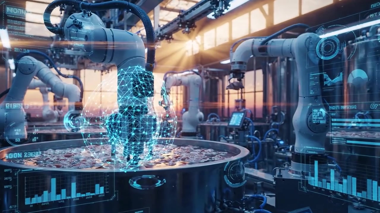 Robotic Arms Working in a Futuristic Smart Factory with Digital Data