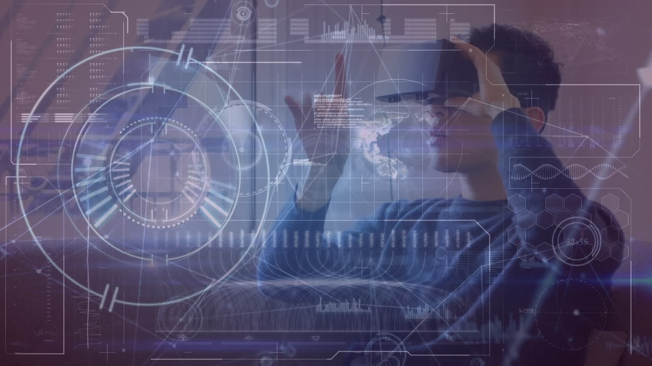 animación de la pantalla digital con datos sobre el hombre caucásico usando auriculares vr