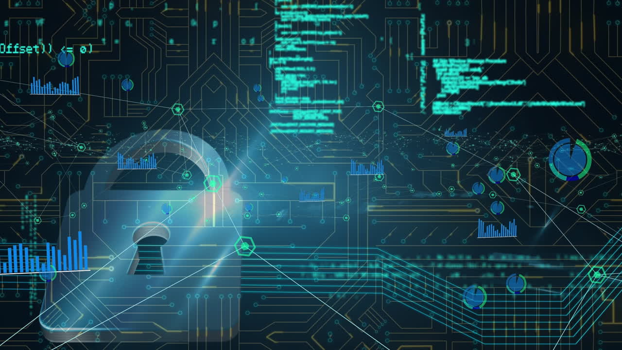 animación del lenguaje informático, gráfico de barras, puntos que conectan líneas que se mueven sobre una placa de circuito gráfico