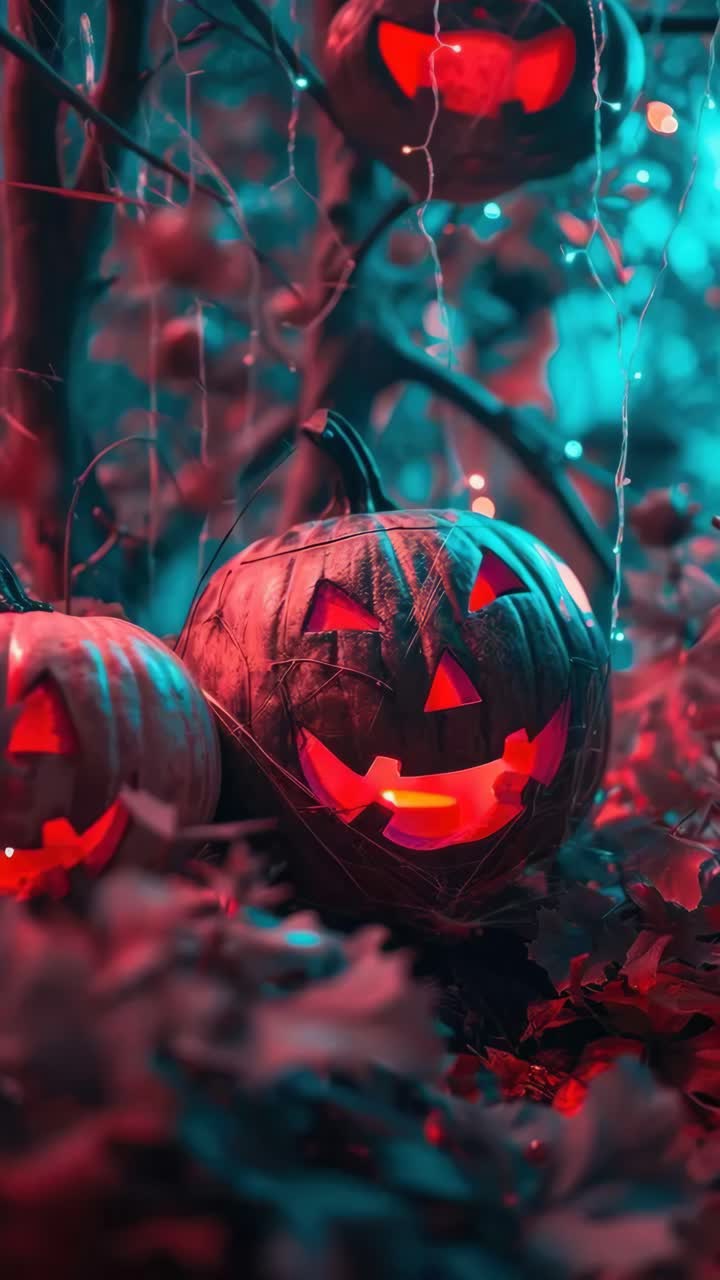 Low-angle shot of glowing jack-o'-lanterns amidst autumn leaves, with a mystical ambiance