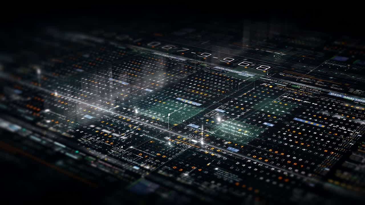 Futuristic abstract de-focus flowing data matrix, meta, metaverse, telemetry and encrypt numbers display with particles simulation in cyber space environment for head up display background
