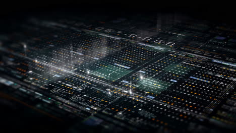 futuristic abstract de-focus flowing data matrix, meta, metaverse, telemetry and encrypt numbers display with particles simulation in cyber space environment for head up display background