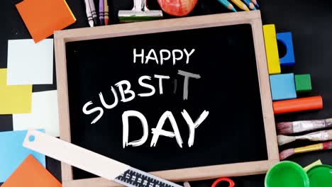 substitute day text over wooden slate against multiple school equipment icons on black background