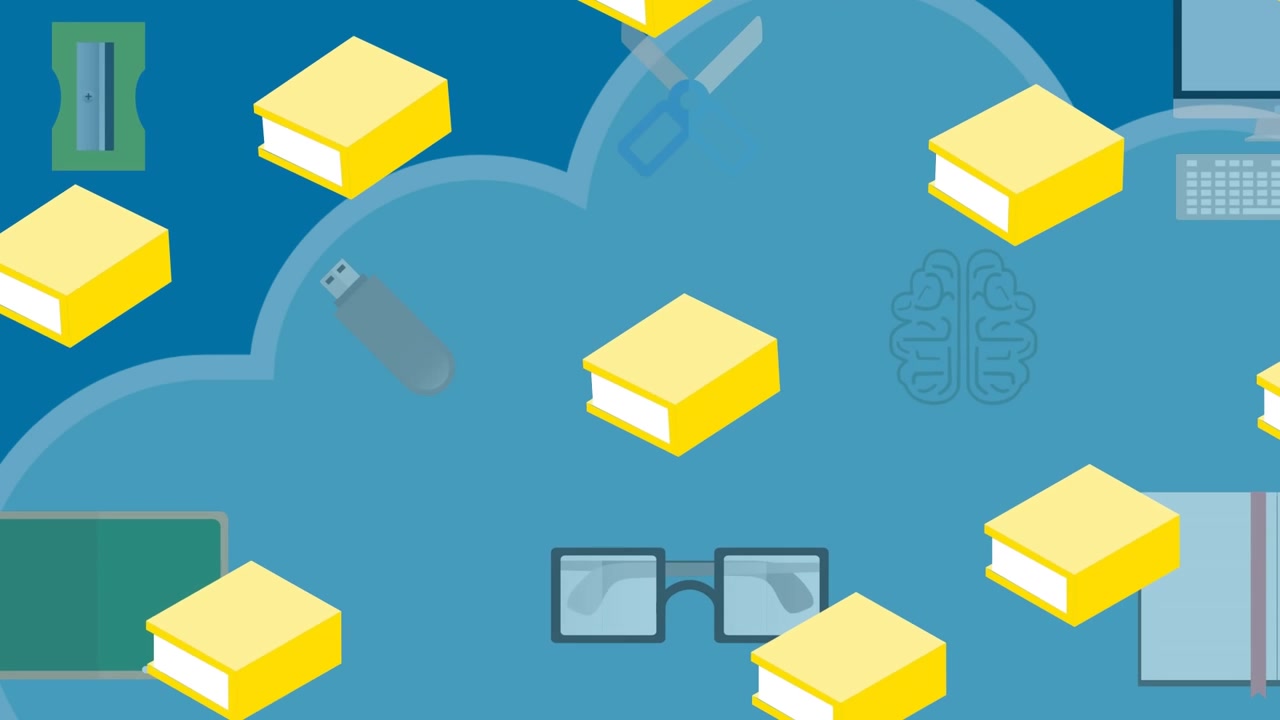 Animation of school items icons over clouds on blue background