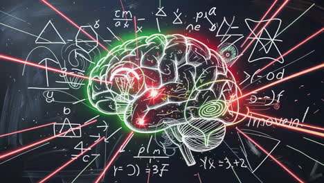 conceptual brain with mathematical equations and light beams