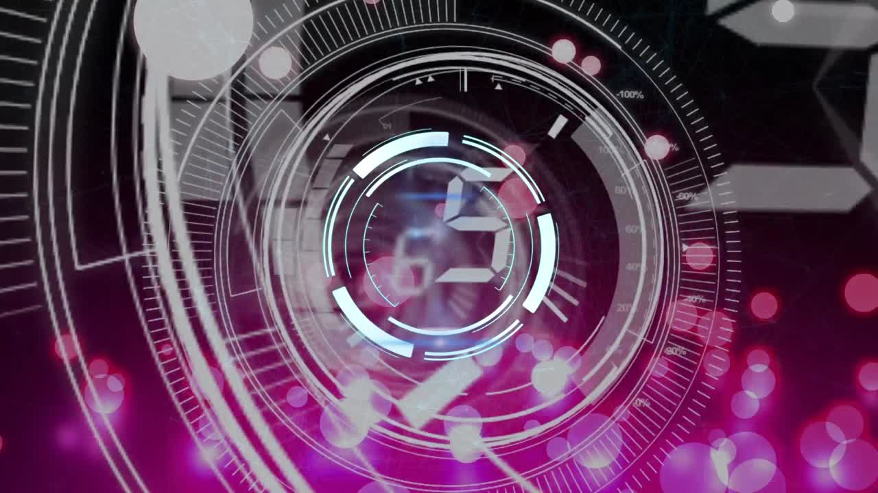 어두운 배경 위에서 시계와 데이터 처리의 애니메이션