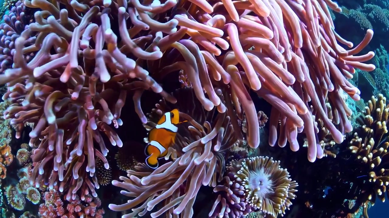 Pesce pagliaccio vivace nuota tra i tentacoli di anemone su una barriera corallina