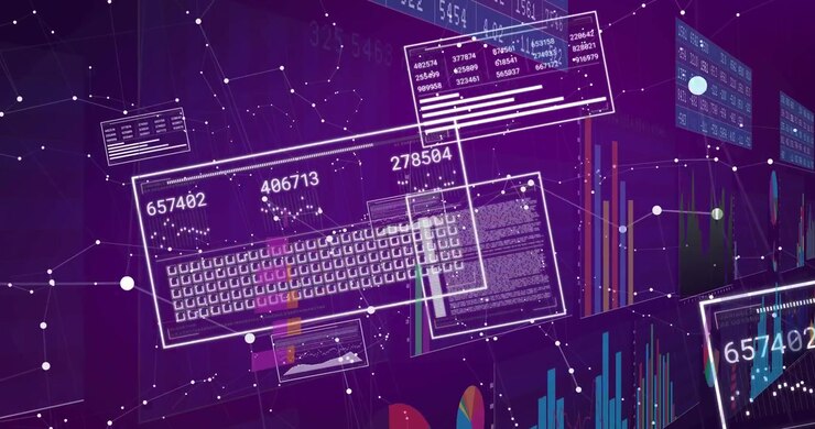 Al cargar, un panel de control en capas se anima con paneles deslizantes y contadores actualizándose para visualizar datos.