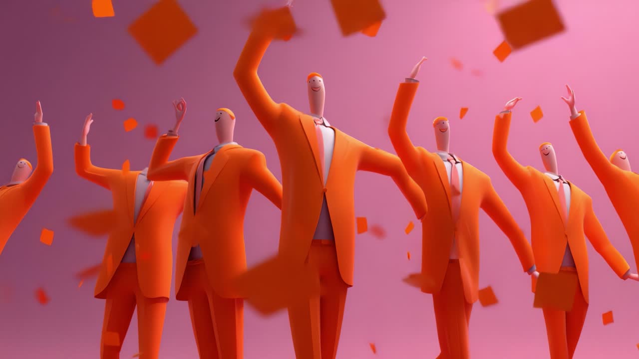 A lively celebration with animated figures in vibrant orange suits enthusiastically raising their hands amidst fluttering confetti against a vibrant pink backdrop, capturing the joy of a festive moment