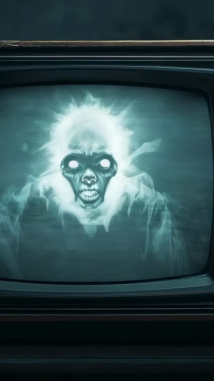 Vertical video: Flickering scanlines ghost skull forming on CRT TV atop wooden console in dim room