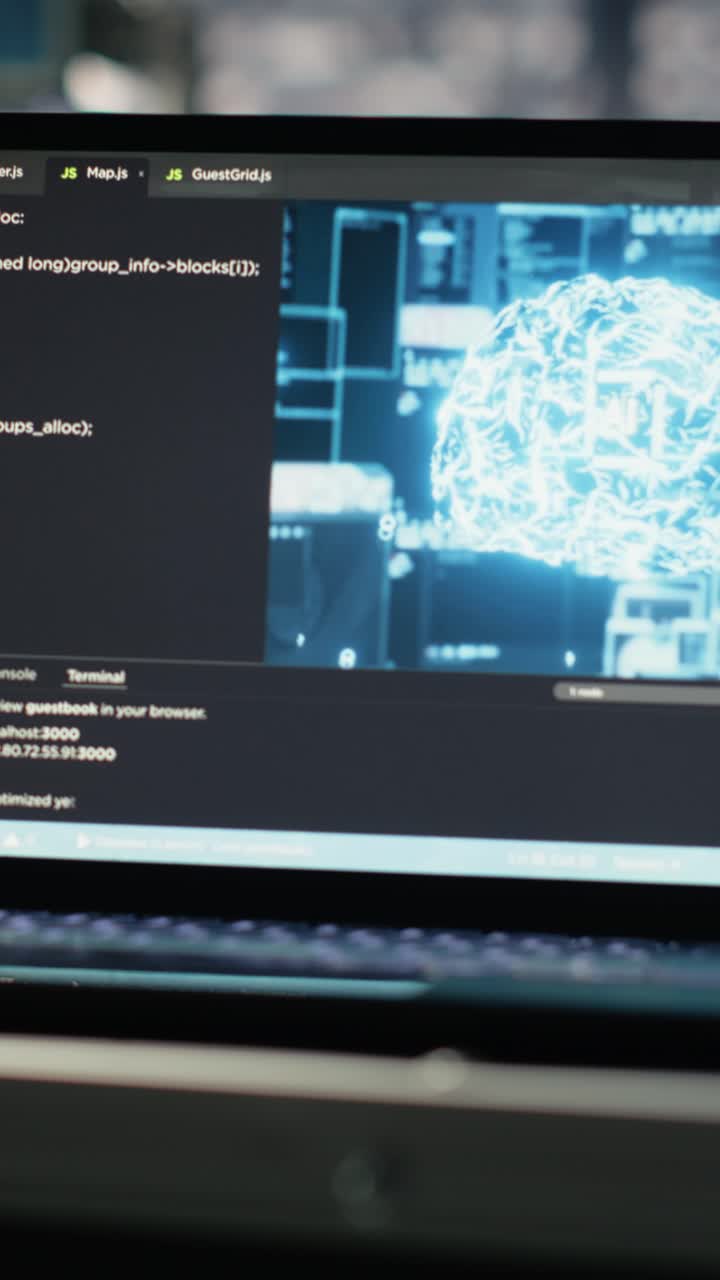Vertical Video Close Up Of Deep Learning Coding Script Running On Laptop In Server Hub