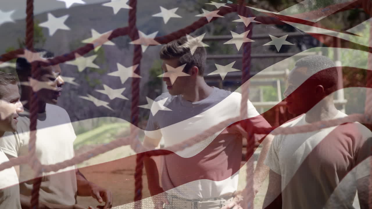 анимация флага сша над различными мужчинами-солдатами во время тренировки