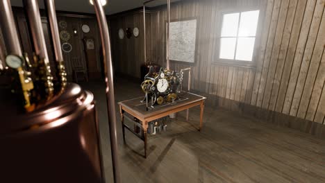 3d animation showing an old mechanical style clock system sitting in an old wooden room