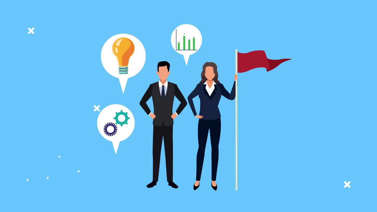 elegant business couple with success icons animation