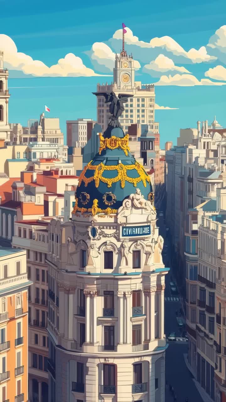 Vista aérea de un paisaje urbano con arquitectura ornamentada bajo un cielo brillante.