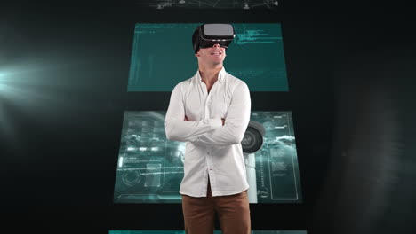 animación de un hombre de negocios con auriculares vr sobre pantallas con procesamiento de datos