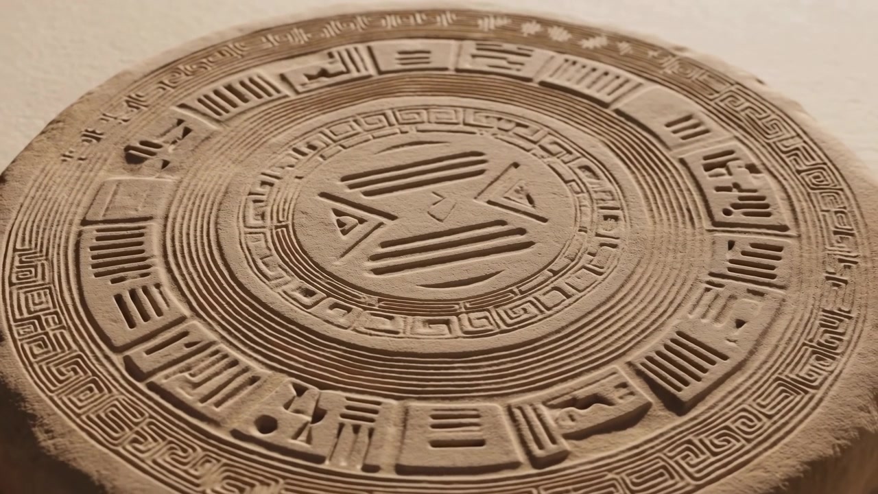 Lavt skråblikk på en utskåret sirkulær disk som fyller forgrunnen, og viser konsentriske ringer, en sentral medaljong, geometriske paneler, teksturerte spor og varmt lys som former skygger over den utsmykkede overflaten.