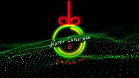 Animation-of-happy-christmas-neon-text-and-christmas-bauble-over-green-mesh