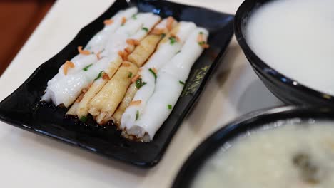 delicious shrimp rice noodle rolls and congee