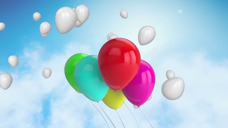 Animation of colored balloons floating over clouds in background