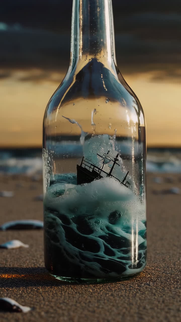 A Miniature Ship in a Bottle, on a Beach at Sunrise/Sunset