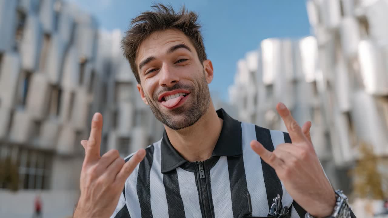 Jovem Energético com Camisa Listrada Exibindo uma Personalidade Divertida com Expressões Brincalhonas Contra um Fundo Arquitetônico Moderno