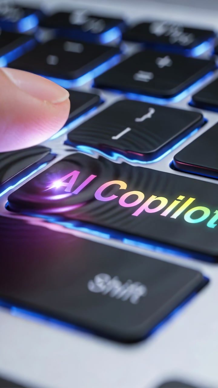 Vertical video: Pressing fingertip activating AI Copilot on backlit laptop, creating star sparkle