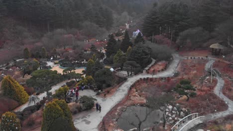 Drone-Volando-Hacia-Adelante-Tiro-Del-Jardín-De-La-Mañana-Calma-Festival-De-Luz-De-Invierno-Coreano