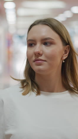 compradora femenina en una camiseta blanca caminando por un centro comercial, mirando algo en el fondo, rodeada de luces de colores y un fondo borroso con objetos poco claros