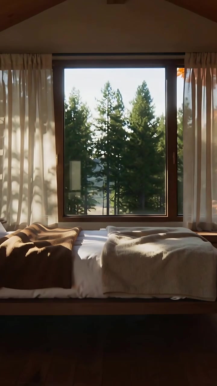 Vertical video: Pulling back camera from close-up, revealing cabin bedroom, cream book on sill