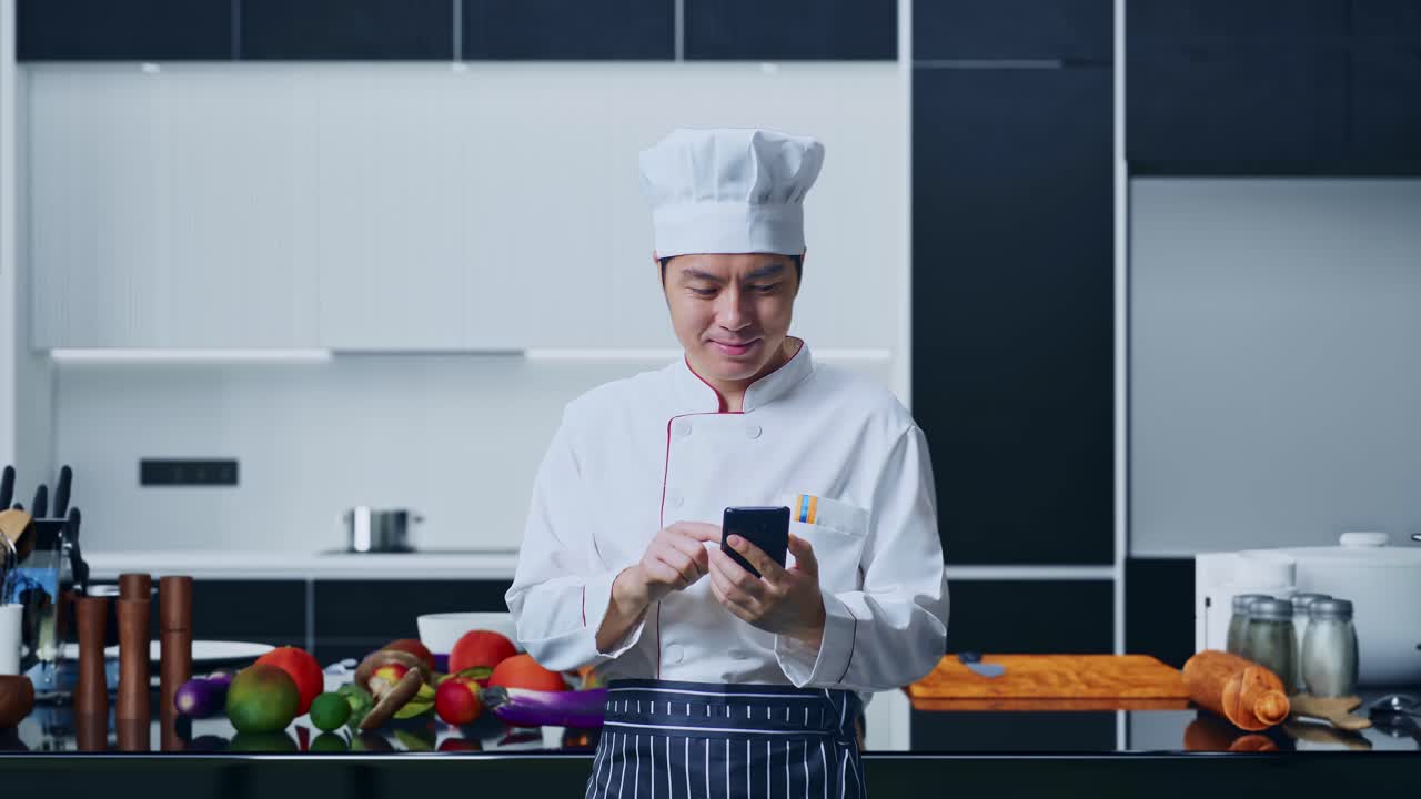 chef usando un teléfono inteligente en una cocina moderna