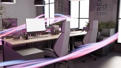 modern office co working space with laptop and desktop team meeting conference energy flowing inside 3d rendering animation