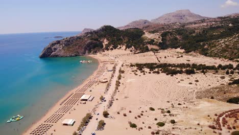 Aerial-View-Of-Paradise-Resort-Of-Tsambika-Beach-In-Rhodes-Island,-Greece