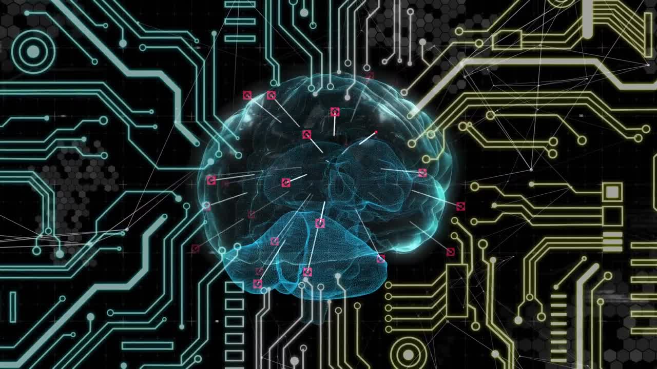 Animation of glowing human brain with digital interface computer circuitboard