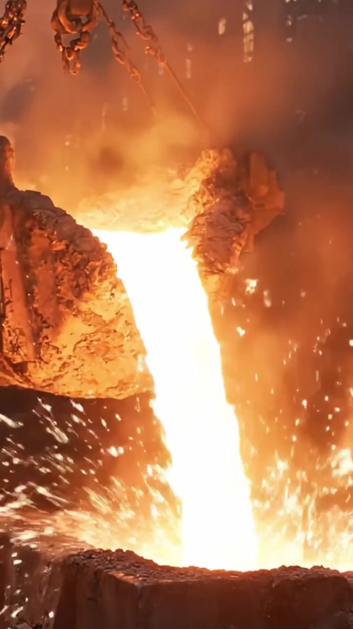 Metallo fuso versato da un crogiolo in una fonderia industriale, catturando il calore intenso e il flusso dinamico del metallo liquido pronto per la colata in un ambiente controllato