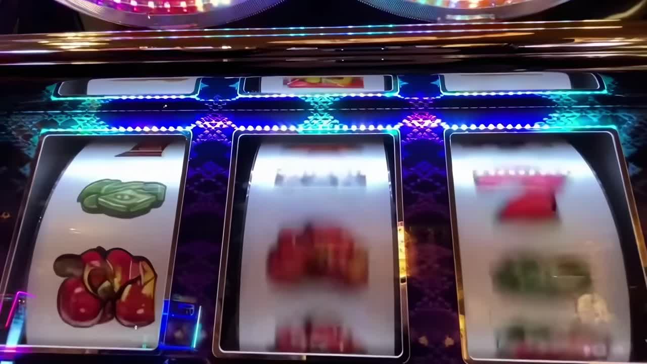 Close-up video of a slot machine in action, capturing spinning reels with vibrant colors