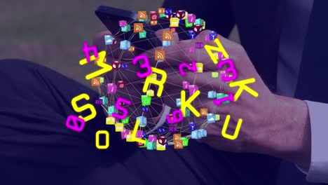 Animation-of-letters-and-numbers-over-globe-made-of-icons-and-hand-using-smartphone