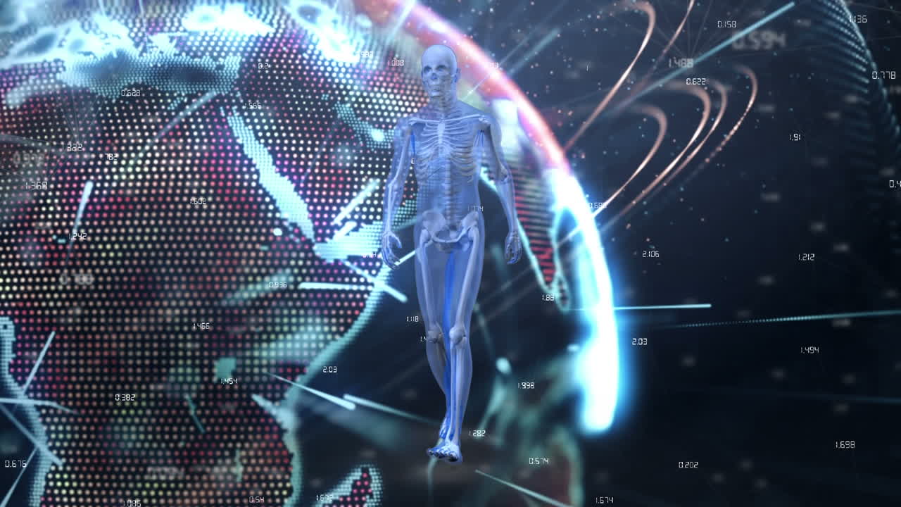 Animation of human body model walking over light trails over spinning globe on black background