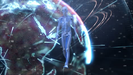 animación de un modelo de cuerpo humano caminando sobre rastros de luz sobre un globo giratorio sobre un fondo negro