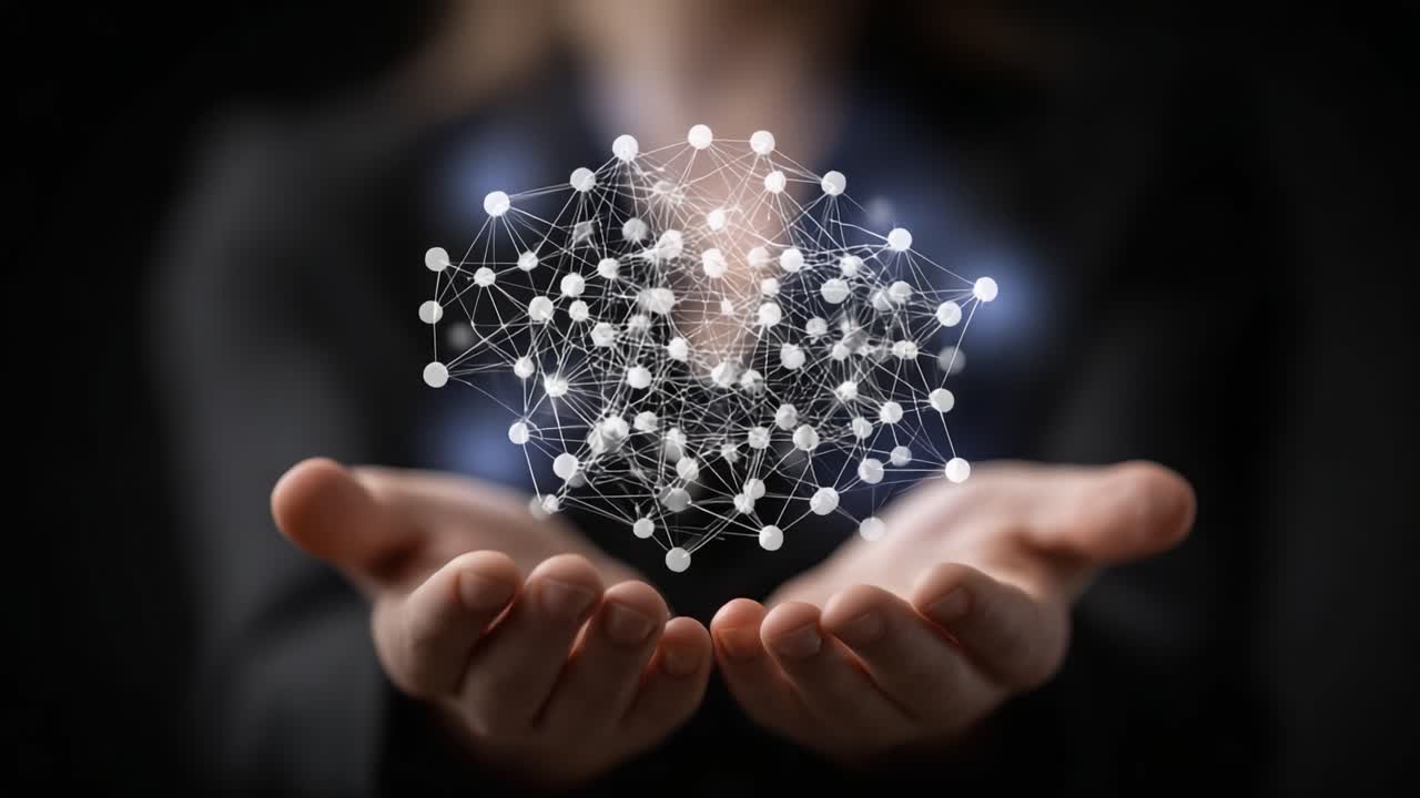 Una Persona Sosteniendo una Red Digital de Conexiones en Sus Manos, Simbolizando la Innovación y el Poder de la Tecnología para Conectar Ideas e Información en un Sistema Unificado.